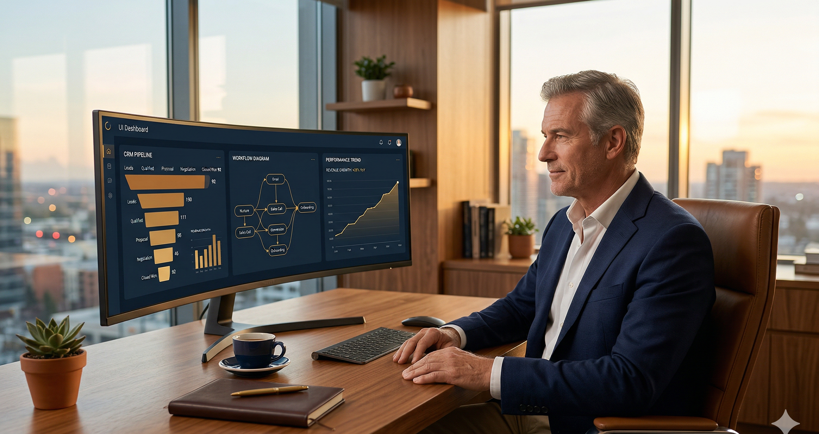 Business owner at her desk reviewing an AI-powered CRM dashboard