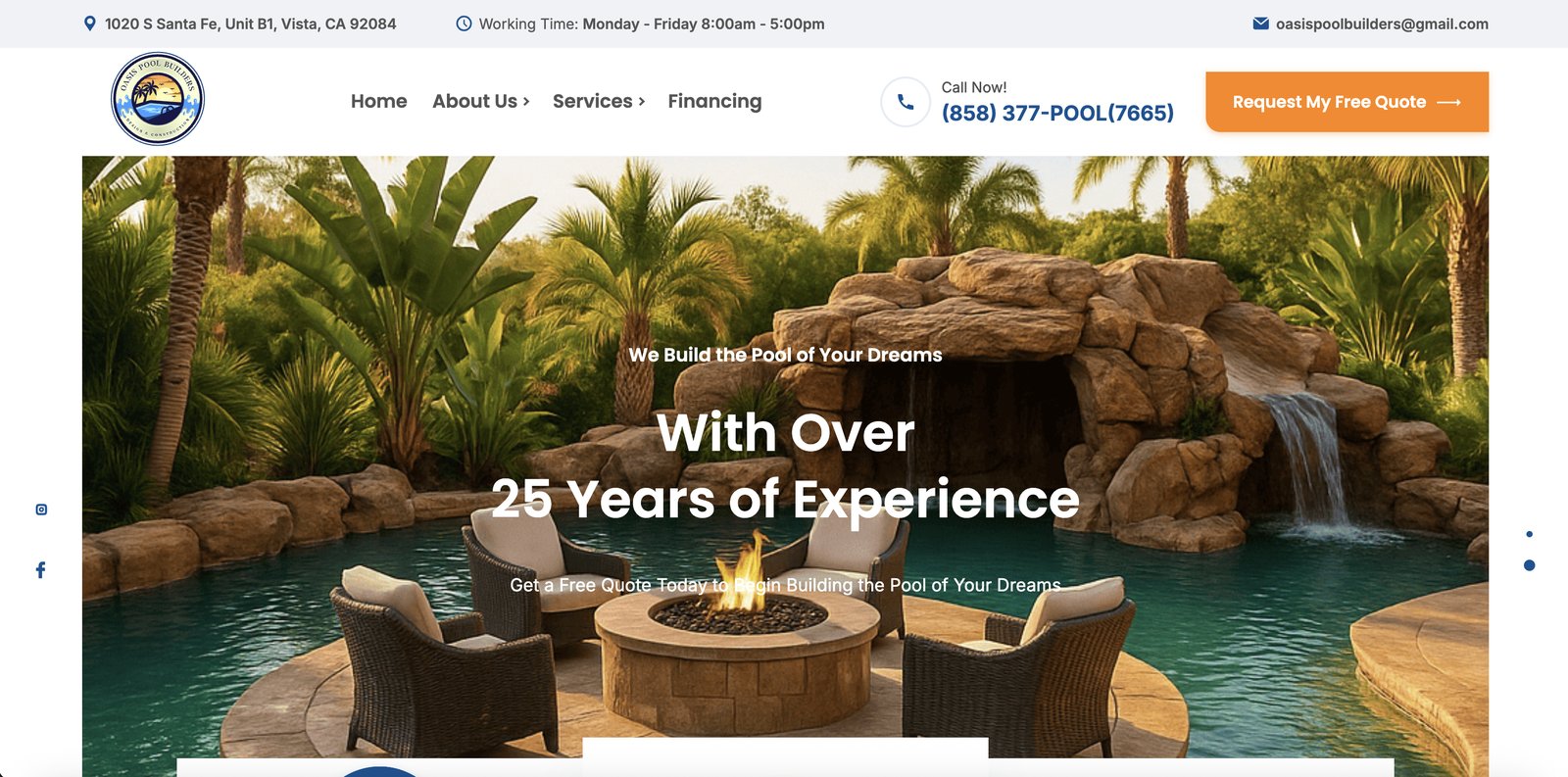Oasis Pool Builders website before the rebuild